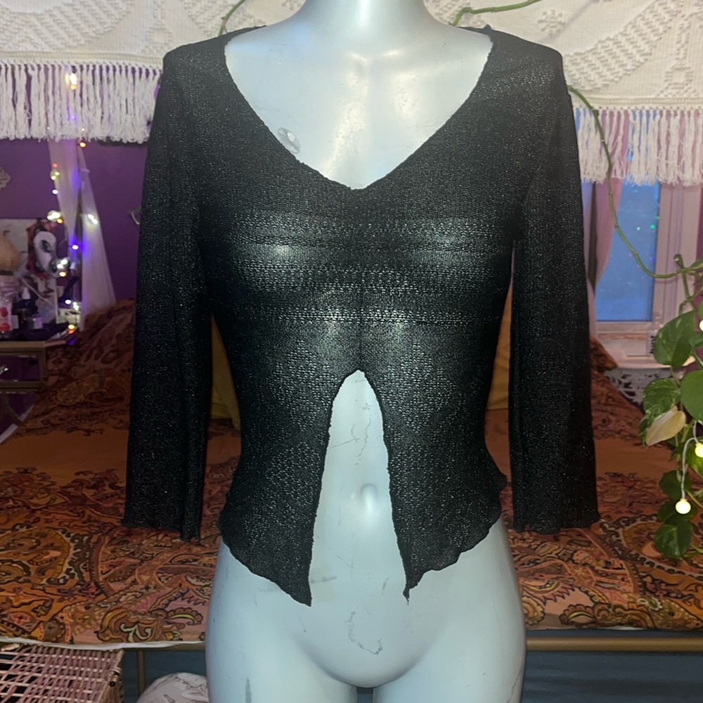 Vintage Y2K grunge goth cut out open slit front knit top